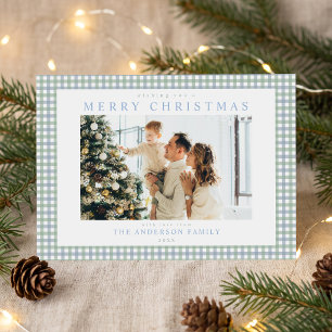 Blauw en groen Gingham Kerst Foto Feestdagenkaart