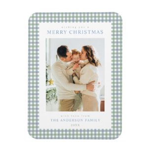Blauw en Groen Gingham Kerst Foto Magneet