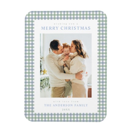 Blauw en Groen Gingham Kerst Foto Magneet (Verticaal)