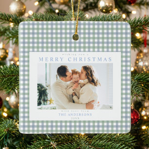 Blauw en Groen Gingham Kerstmis Custom Foto Keramisch Ornament
