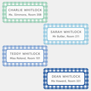 Blauw en Groen Gingham Plaid Vier Kind School Labels