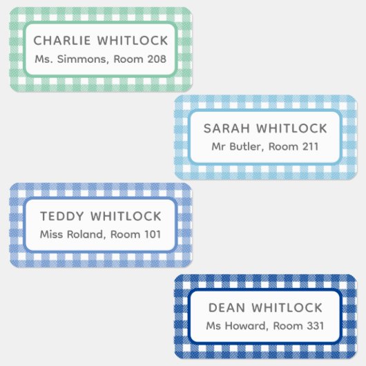 Blauw en Groen Gingham Plaid Vier Kind School Labels (Groep)