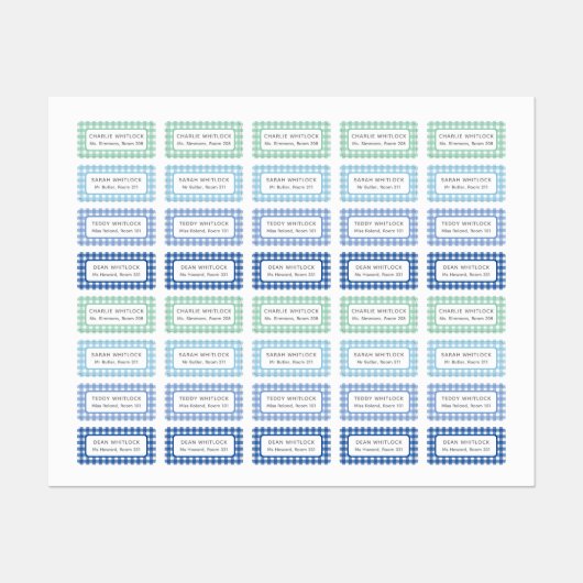 Blauw en Groen Gingham Plaid Vier Kind School Labels (Vel)