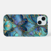  blauw en groen Glas in lood iPhone 15 Case (Achterkant horizontaal)