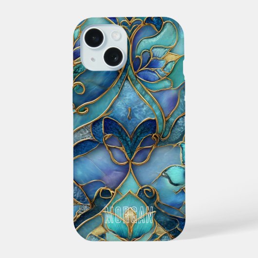  blauw en groen Glas in lood iPhone 15 Case (Achterkant)