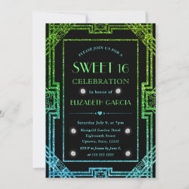 Blauw en groen glinsterende Art Deco lijst Sweet 1 Kaart