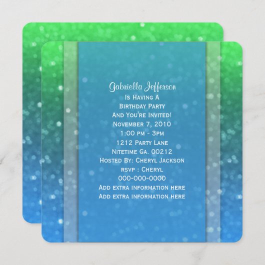 Blauw en groen Glitzy: partijuitnodiging Kaart (Voorkant / Achterkant)