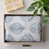 Blauw en groen handblok bloemmotief, ivoor tissuepapier (Geschenk)