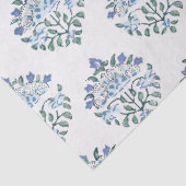 Blauw en groen handblok bloemmotief, ivoor tissuepapier (Detail)