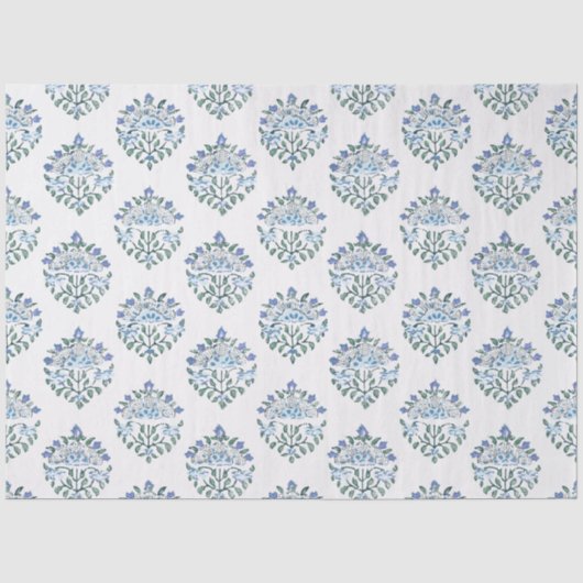 Blauw en groen handblok bloemmotief, ivoor tissuepapier (Voorkant)