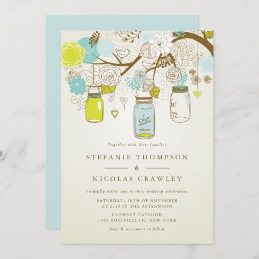 Blauw en Groen  Hanging Mason Jars Wedding Kaart (Voorkant / Achterkant)