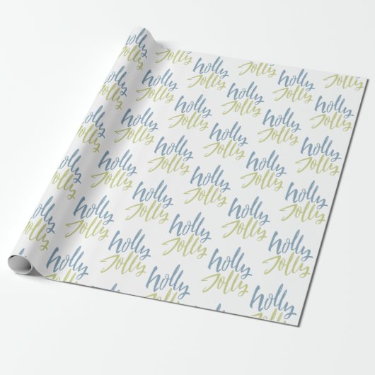 Blauw en groen Holly Jolly Cadeaupapier (Uitgerold)