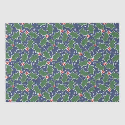 Blauw- en Groen Holly-kerstpapier Tissuepapier (Voorkant)