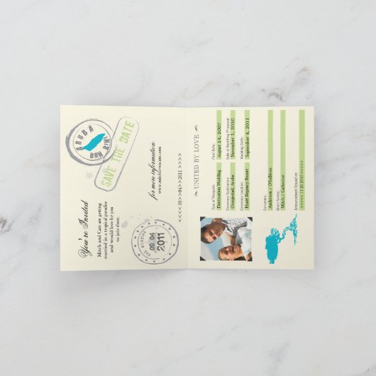 Blauw en groen huwelijkspaspoort Aruba uitnodiging (Binnen)