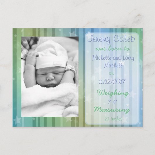 Blauw en Groen Jongen Geboorte Aankondiging Briefk (Voorkant)