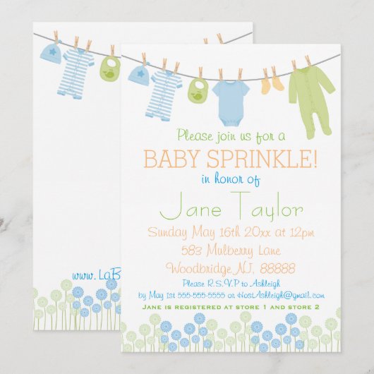 Blauw en groen Kleine Kleding Baby Sprinkle Kaart (Voorkant / Achterkant)