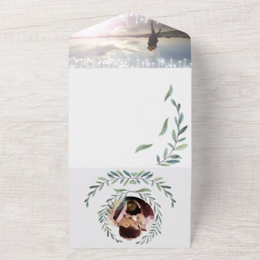 Blauw en groen kransbladeren Trouwen Alles in één All In One Uitnodiging (Buitenkant)