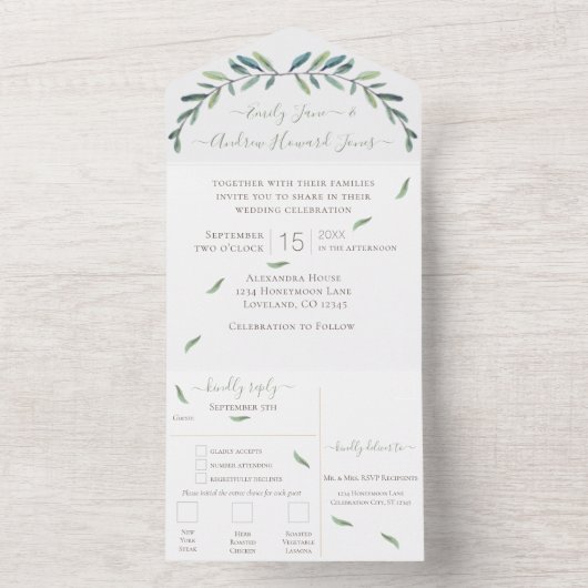 Blauw en groen kransbladeren Trouwen Alles in één All In One Uitnodiging (Binnen)