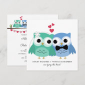 Blauw en groen | Kute Owl Bride en Groom Wedding Kaart (Voorkant / Achterkant)