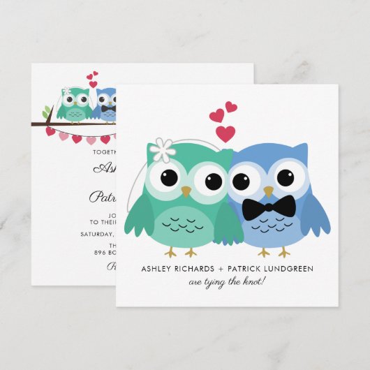 Blauw en groen | Kute Owl Bride en Groom Wedding Kaart (Voorkant / Achterkant)