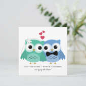 Blauw en groen | Kute Owl Bride en Groom Wedding Kaart (Staand voorkant)