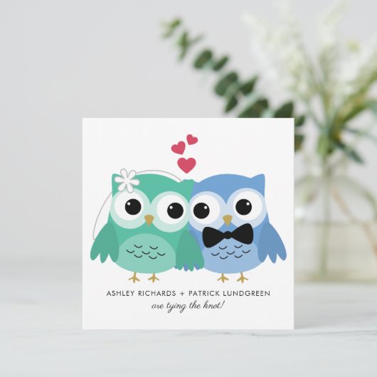 Blauw en groen | Kute Owl Bride en Groom Wedding Kaart (Staand voorkant)
