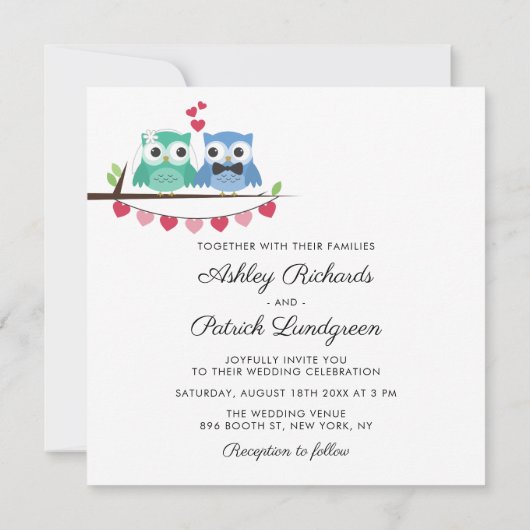 Blauw en groen | Kute Owl Bride en Groom Wedding Kaart (Achterkant)