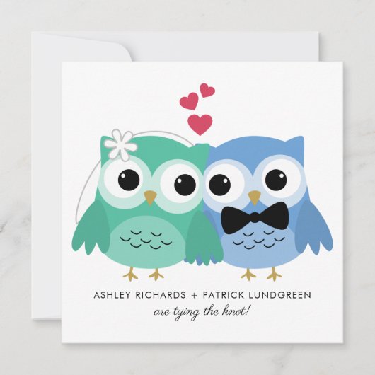 Blauw en groen | Kute Owl Bride en Groom Wedding Kaart (Voorkant)