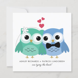 Blauw en groen   Kute Owl Bride en Groom Wedding Kaart