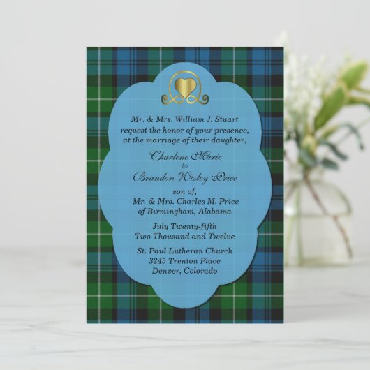 Blauw en groen lampje Tartan Pset Custom Wedding Kaart (Staand voorkant)