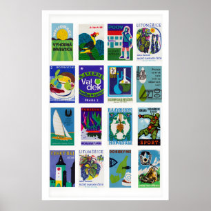 Blauw en groen luciferdoosje labelcollage, kleuren poster