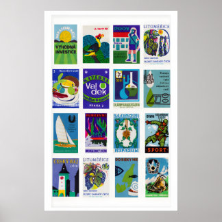 Blauw en groen luciferdoosje labelcollage, kleuren poster