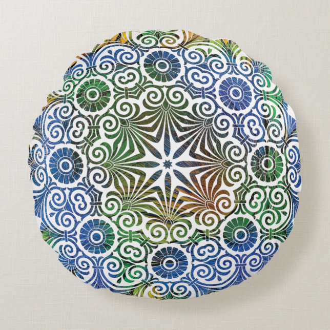Blauw en Groen Mandala Rond Kussen (Voorkant)