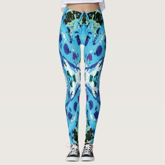 Blauw en Groen Mariene Biologie Splatter Leggings (Voorkant)