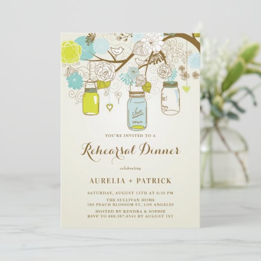  Blauw en Groen Mason Jars Repetitie Diner Kaart (Staand voorkant)