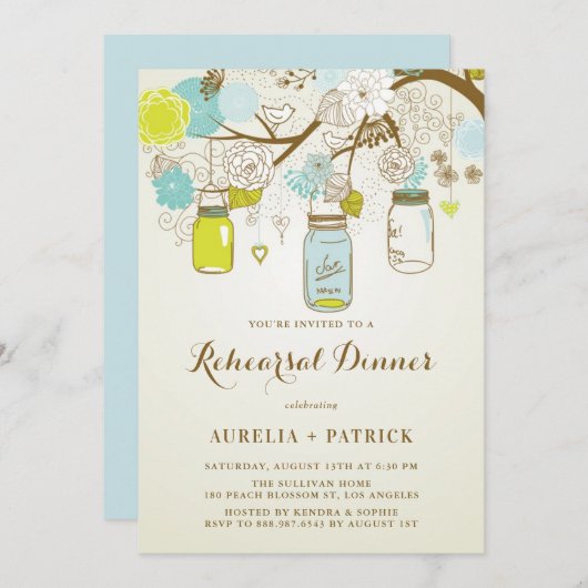  Blauw en Groen Mason Jars Repetitie Diner Kaart (Voorkant / Achterkant)