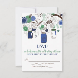 Blauw en groen Mason Jars RSVP Trouw Uitnodiging
