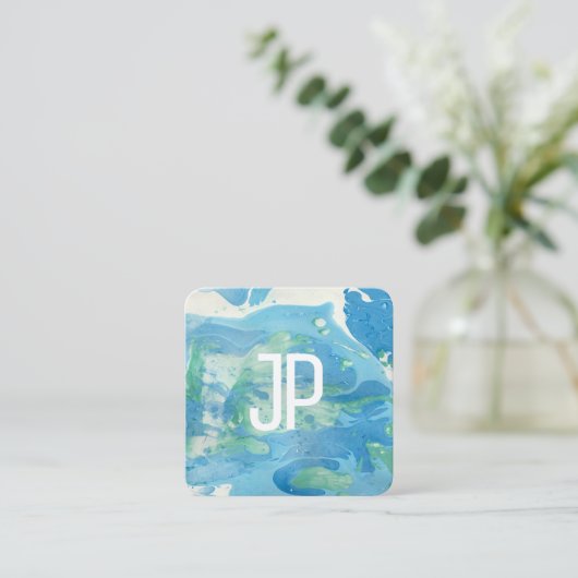Blauw en groen modern Abstract elegant monogram Vierkante Visitekaartje (Staand voorkant)