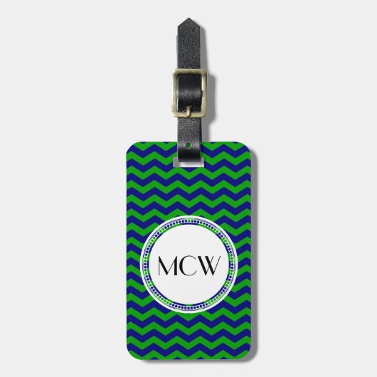 Blauw en Groen Monogram Chevron Gepersonaliseerd Bagagelabel (Voorkant verticaal)