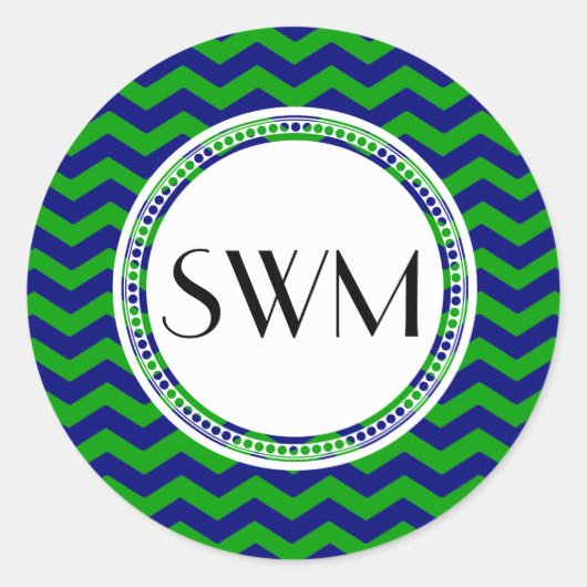 Blauw en Groen Monogram Chevron Gepersonaliseerd Ronde Sticker (Voorkant)