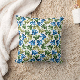 Blauw en groen monstera bladpatroon kussen