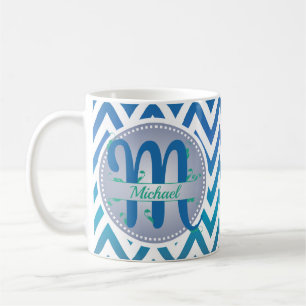 Blauw en Groen Ombre Chevron Patroon Monogram Koffiemok
