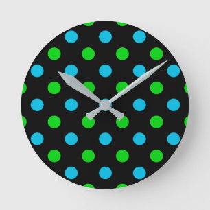 Blauw en Groen op Zwarte Stippen Patroon Ronde Klok
