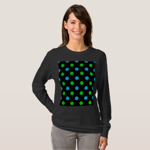 Blauw en Groen op Zwarte Stippen Patroon T-shirt
