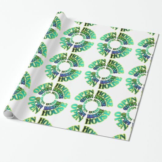 Blauw en groen Open House Gift Wrap Cadeaupapier (Uitgerold)