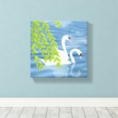 Blauw en groen paar zwanen op het meer canvas afdruk (Insitu (Houten vloer))
