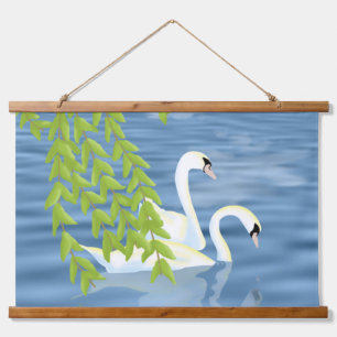 Blauw en groen paar zwanen op het meer hangend wandkleed