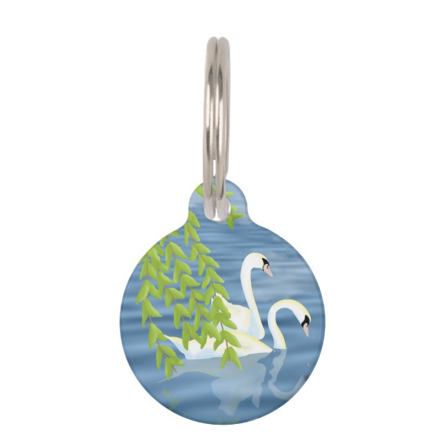 Blauw en groen paar zwanen op het meer huisdierpenning (Voorkant)