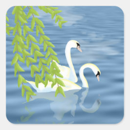 Blauw en groen paar zwanen op het meer vierkante sticker