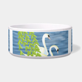 Blauw en groen paar zwanen op het meer voerbakje